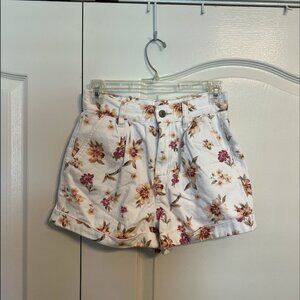 White Floral High Rise Jean Shorts, Size S